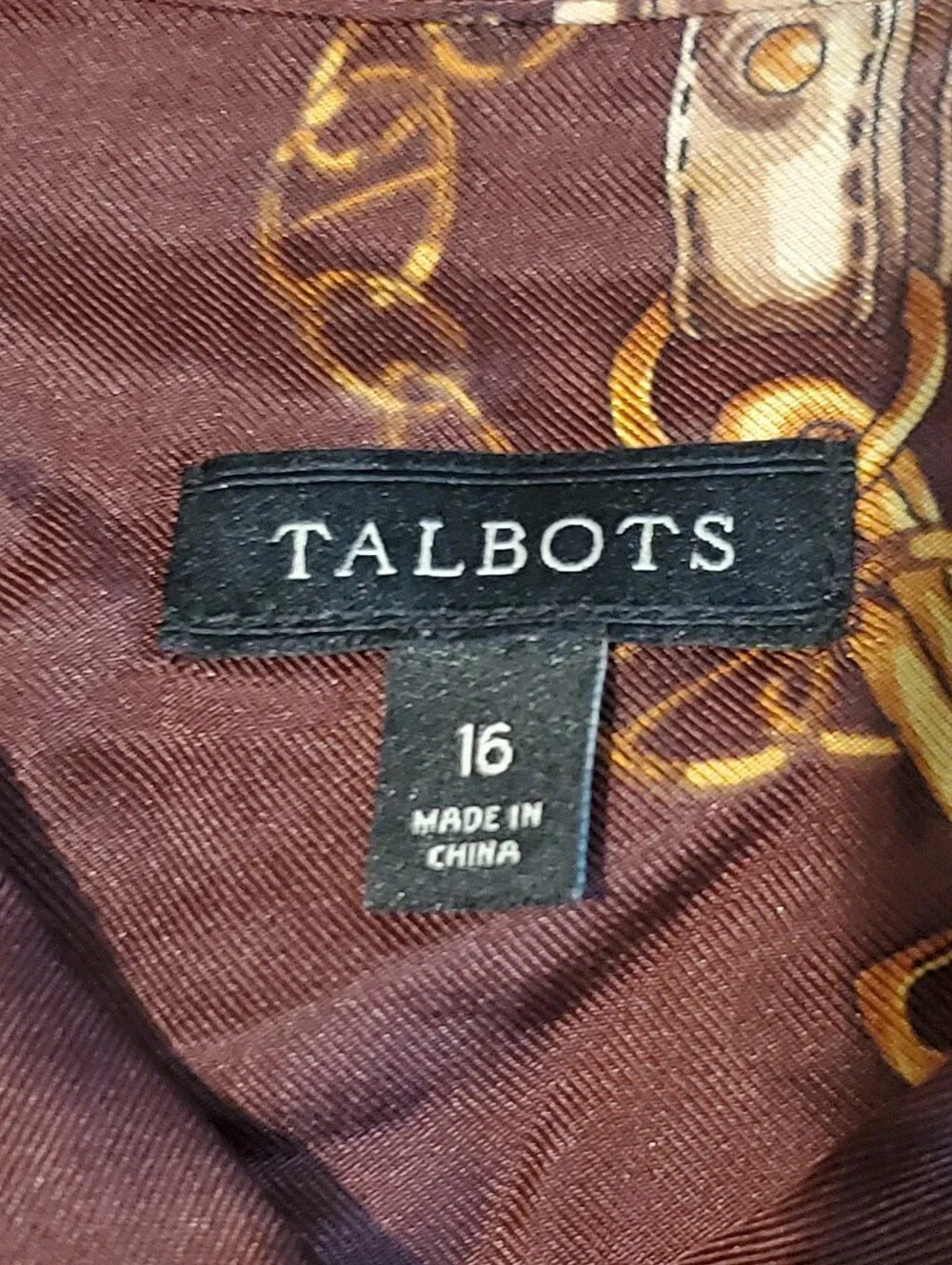 Talbots 100% Silk Charmeuse Blouse Brown Gold Equestrian Chain Bit Print Sz 16 - Picture 4 of 8